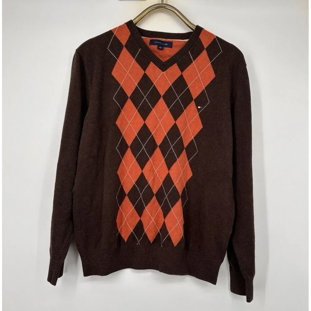 Vintage TOMMY HILFIGER MEN'S‎ PULLOVER Sweater Brown Orange Long Sleeve V-NECK